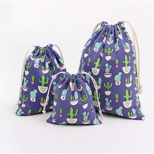 Purple Print Cotton Drawstring Bags